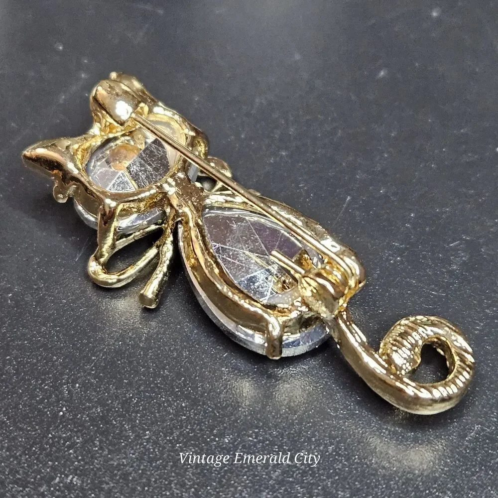 Goldtone Mr. Cat Bow Cyrstal Brooch Rhinestone Tail & Ears Iridescent Kitty Pin